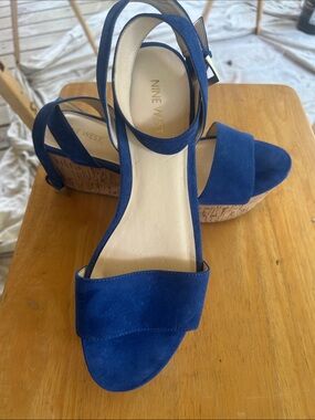 Nine West Royal Blue Suede Cork Wedge Sandals